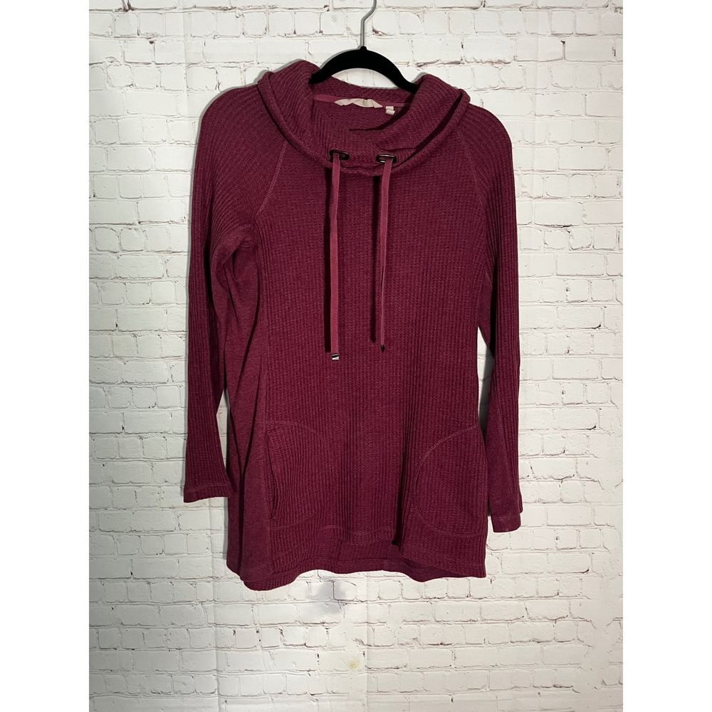 Soft Surroundings Burgundy Waffle Knit Cowl Neck Tunic Top Pockets Cotton Sz SM
